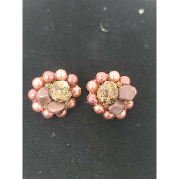 Vintage Clip On Japan Burgandy Brown Faux Pearl Bead Round Earring Set Gold Tone - Picture 8 of 12